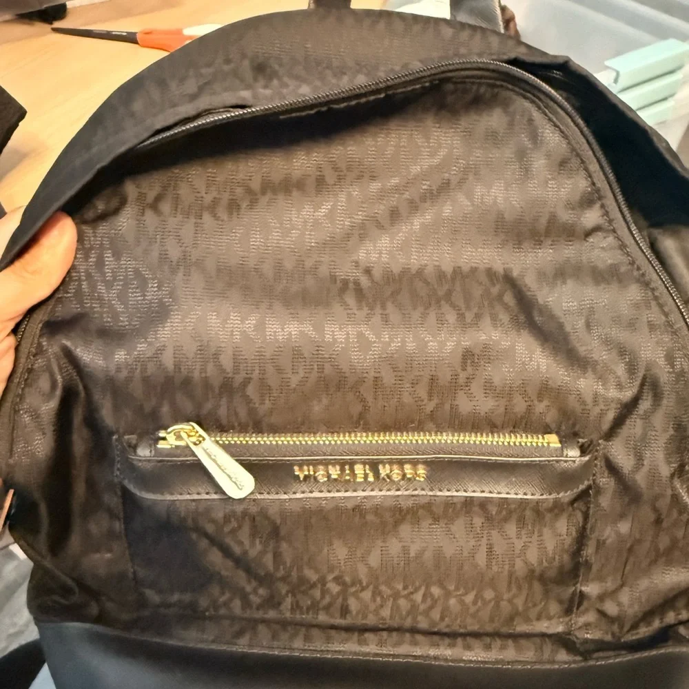 Michael Kors Black Nylon Backpack Gold Hardware MK Logo Lining